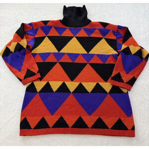 Neiman Marcus 100% Cashmere Sz M Vintage Turtleneck Sweater Orange Blue Diamonds
